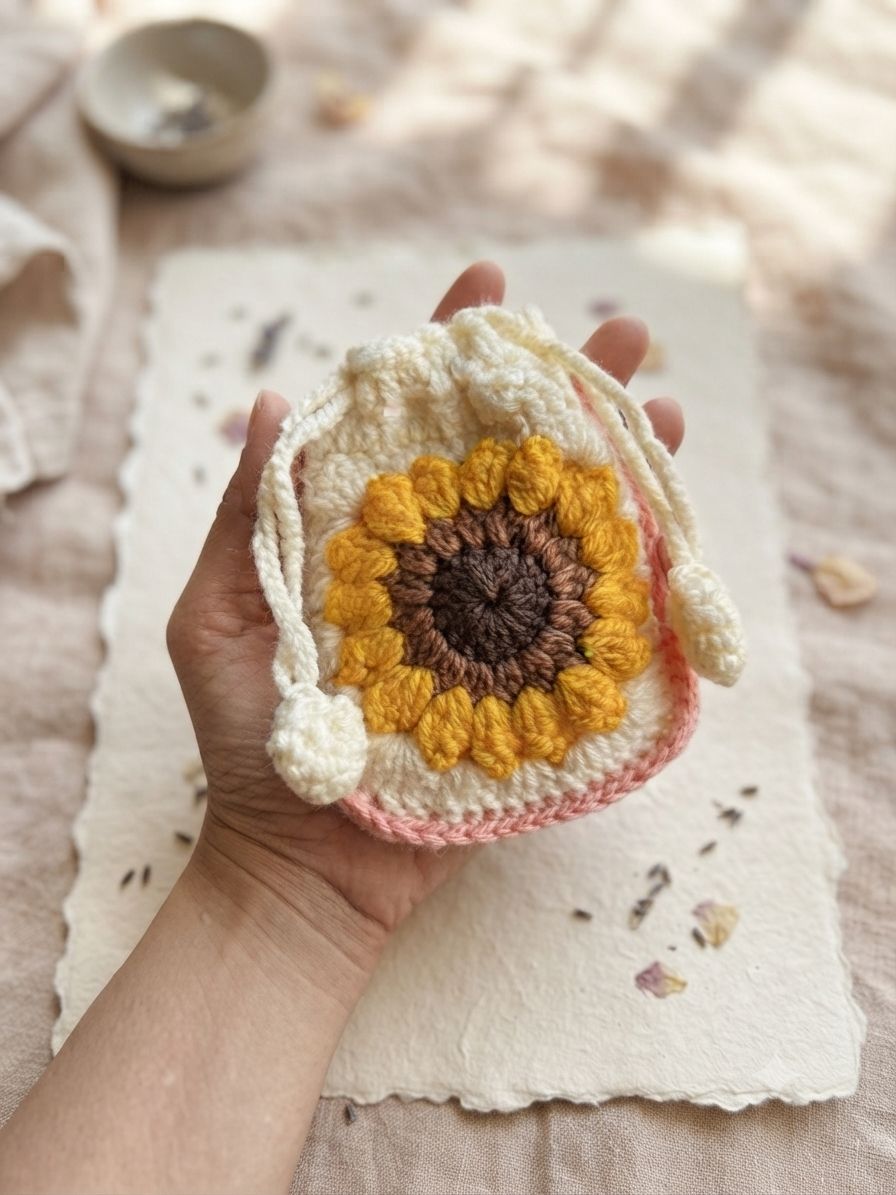 Sunflower Bloom Crochet Pouch