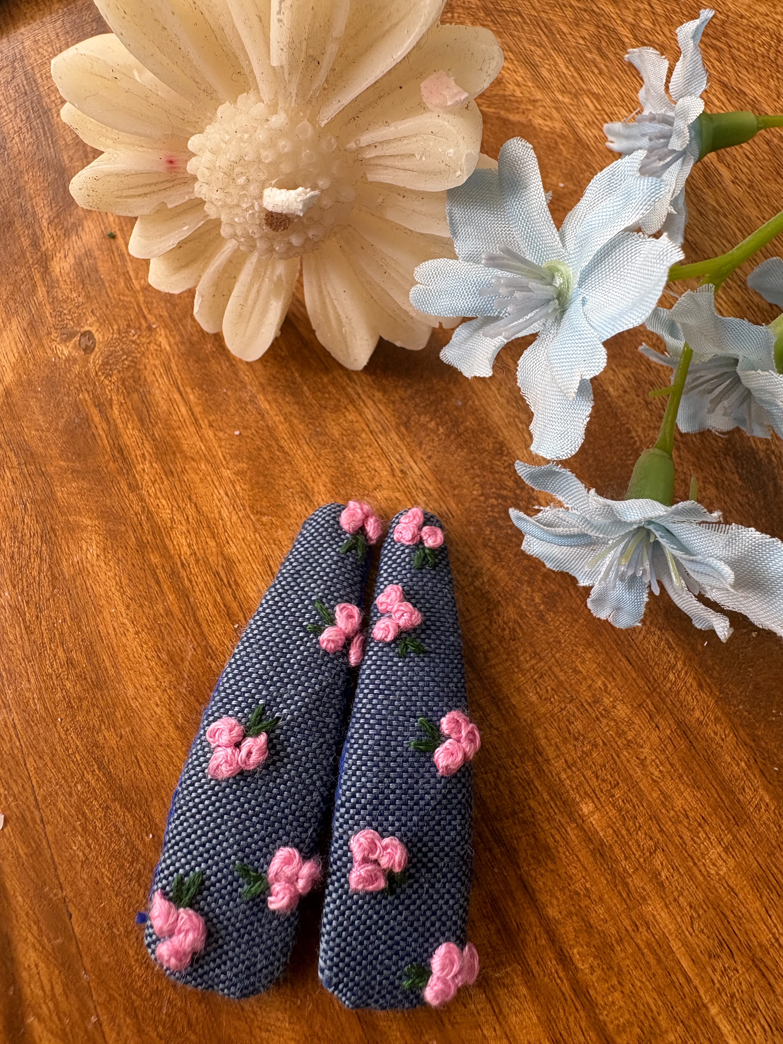 Denim Pink Rosebud Hair Clips, Set of 2