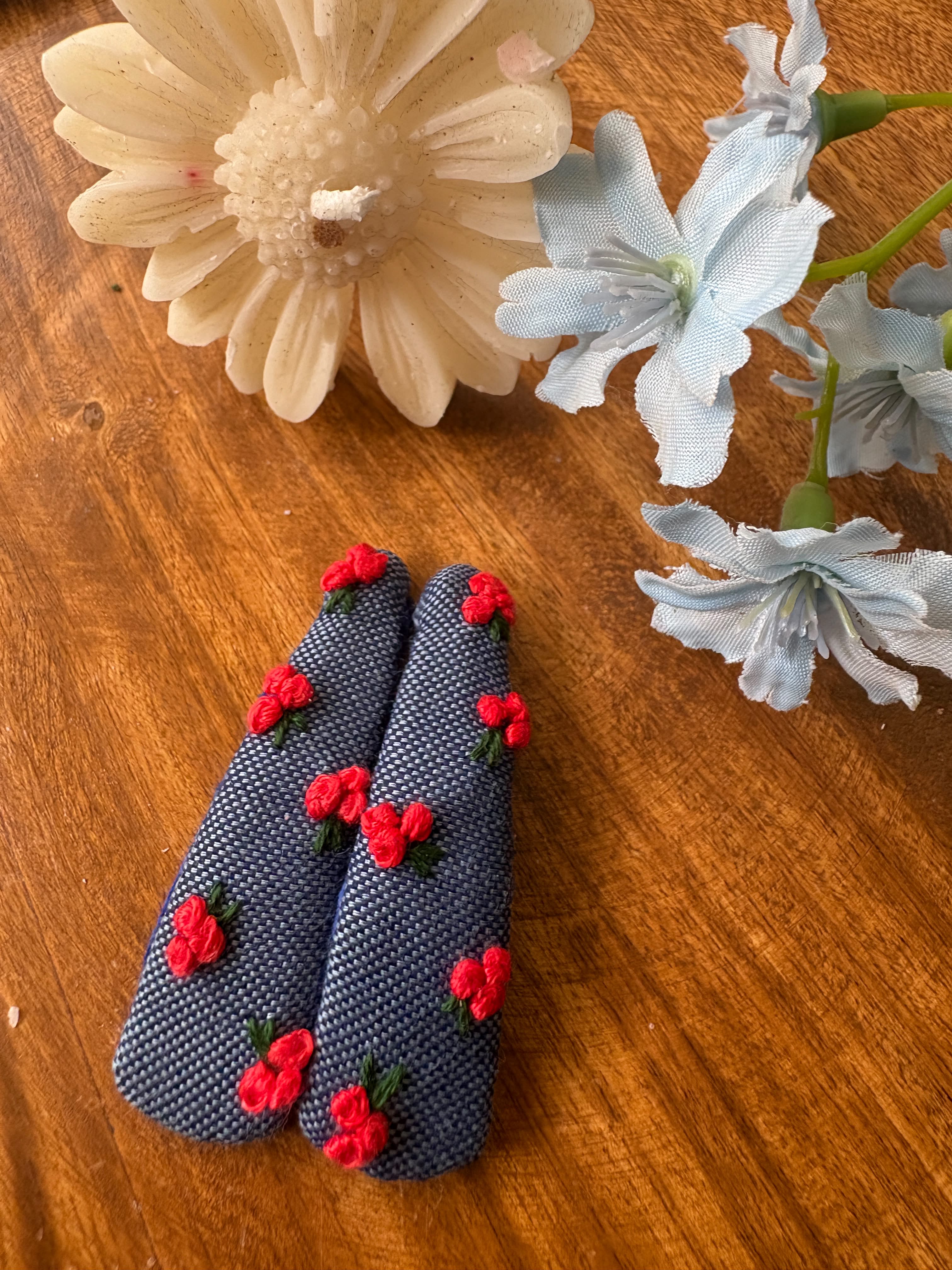 Denim Red Rosebud Hair Clips, Set of 2