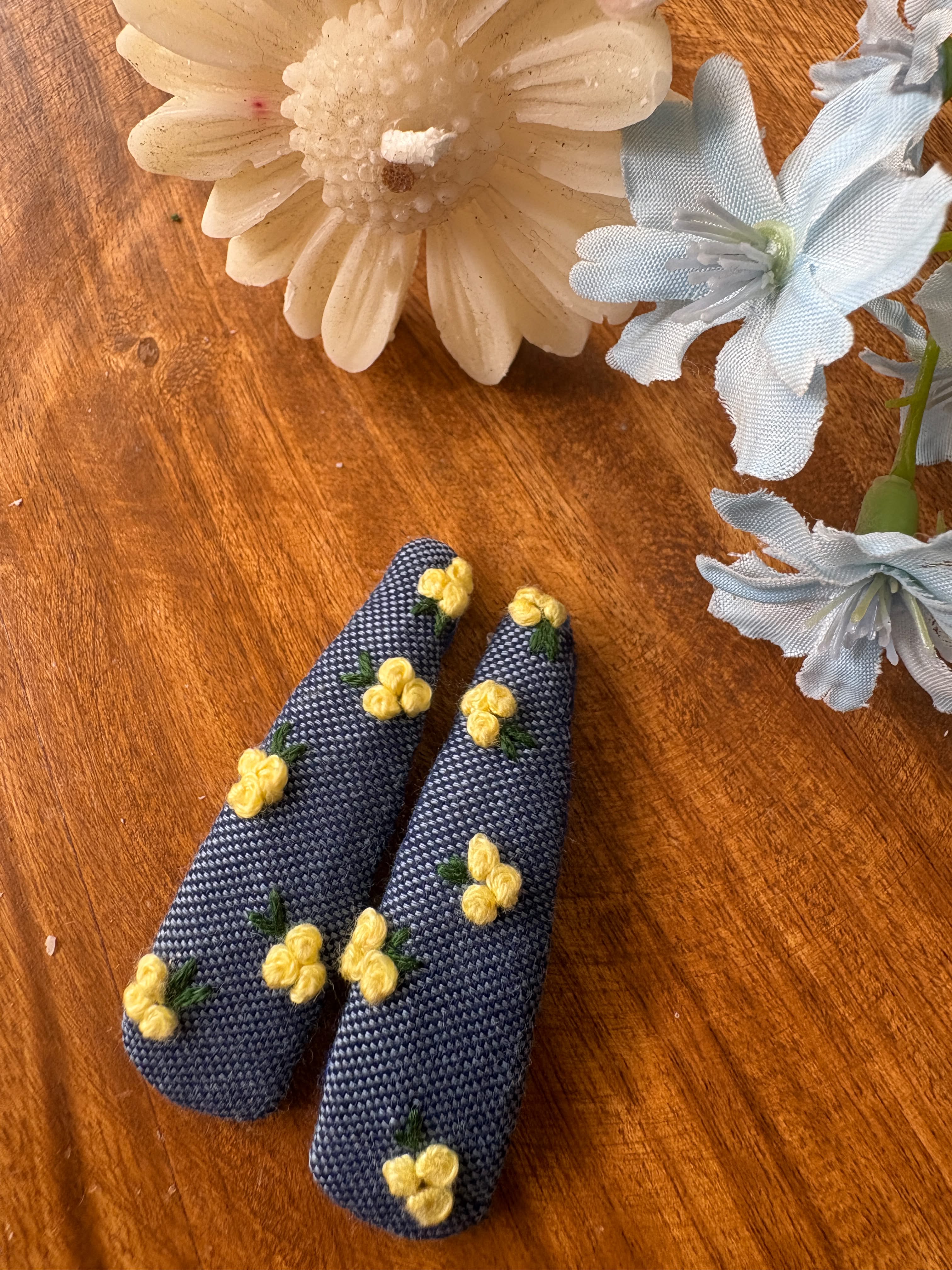 Denim Yellow Blossom Hair Clips, Set of 2