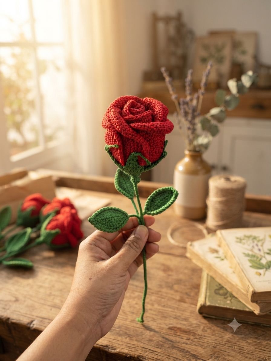 Grand Long-Stem Crochet Rose