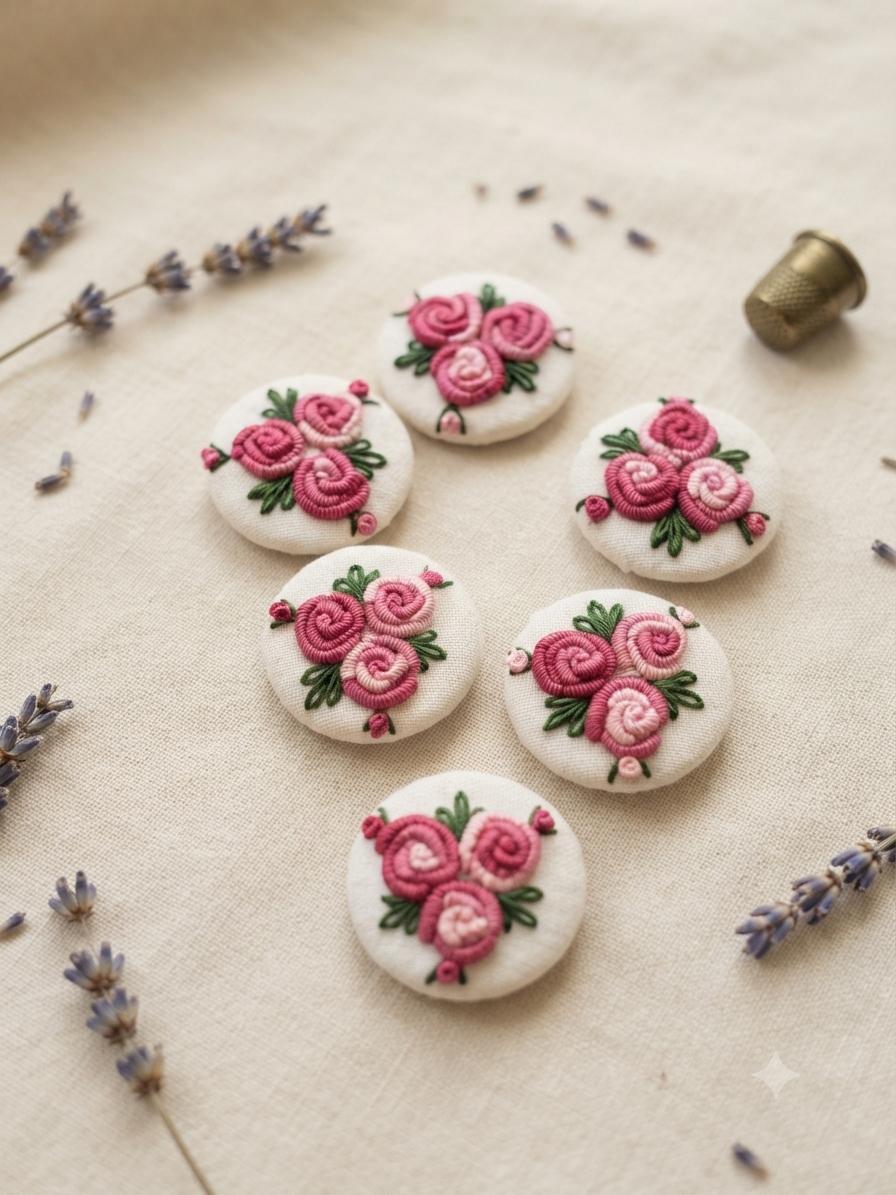Pink Rose Bouquet Buttons, Set of 6