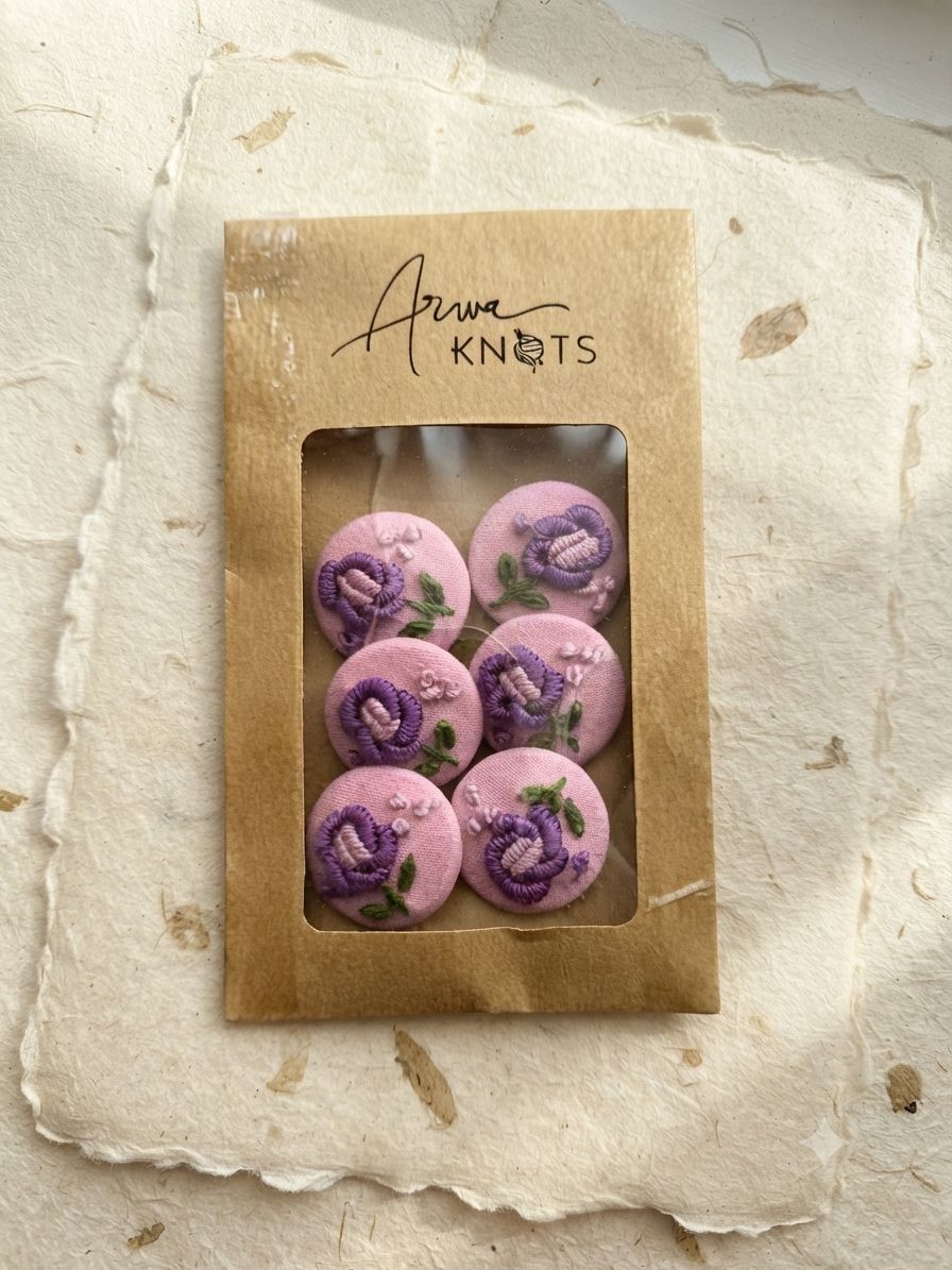 Purple Rose Buttons — Set of 6