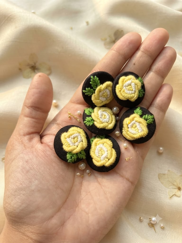 Yellow Rose Black Buttons, Set of 6